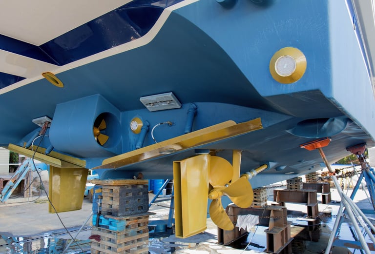 A large powerboat on the hard at a boat yard