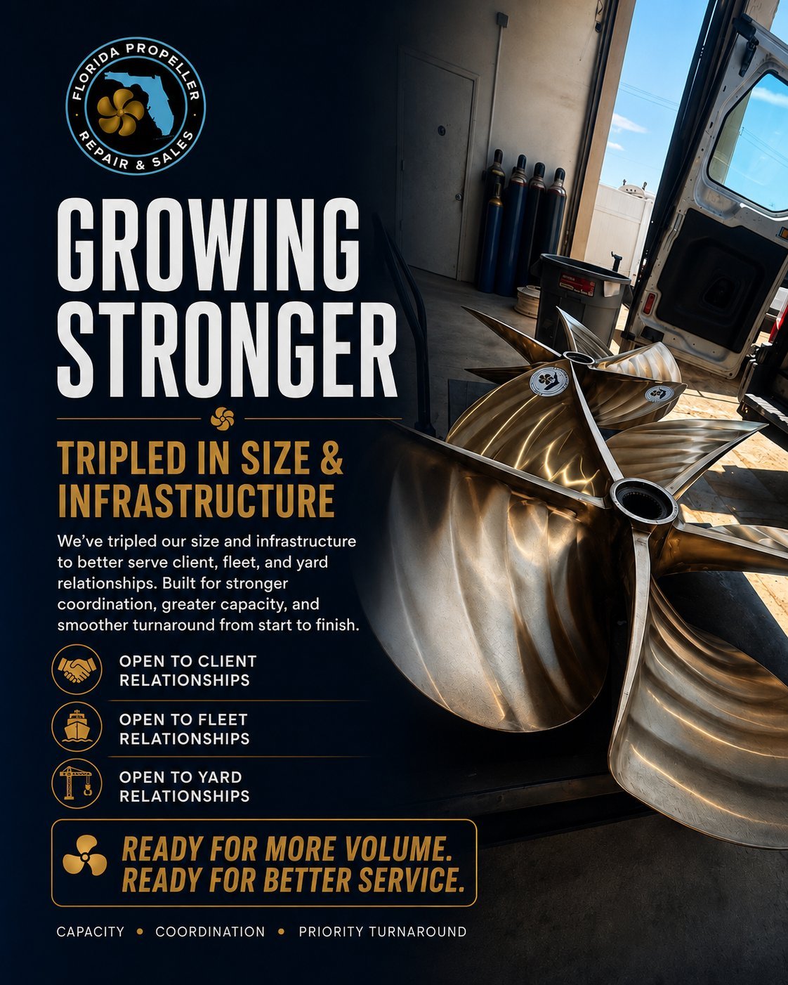 Marketing flyer for Sitora Projects showing warehouse facility with large metal tanks and text about business growth and expanded infrastructure.