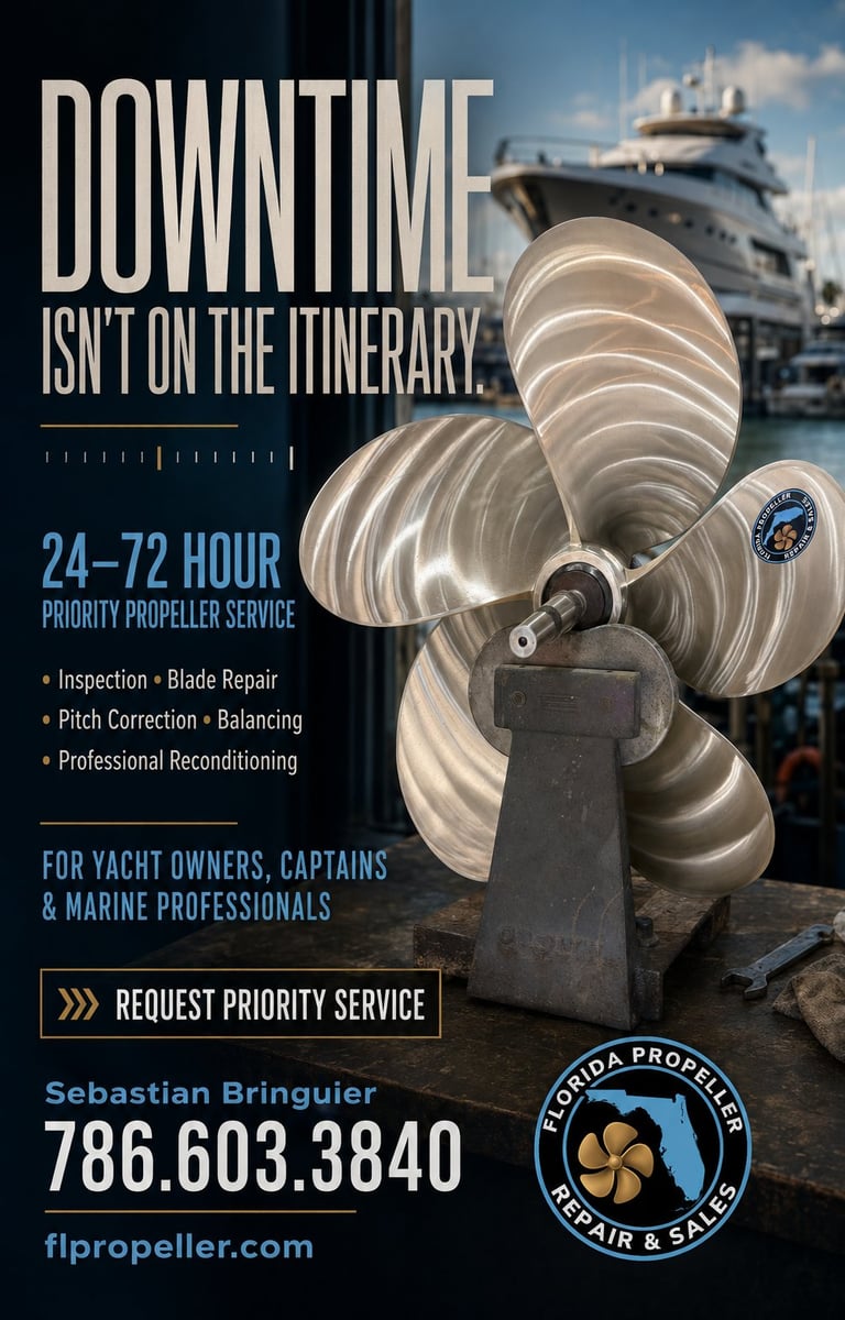 Advertisement for yacht propeller repair service with large metal propeller in foreground and luxury boat in background.