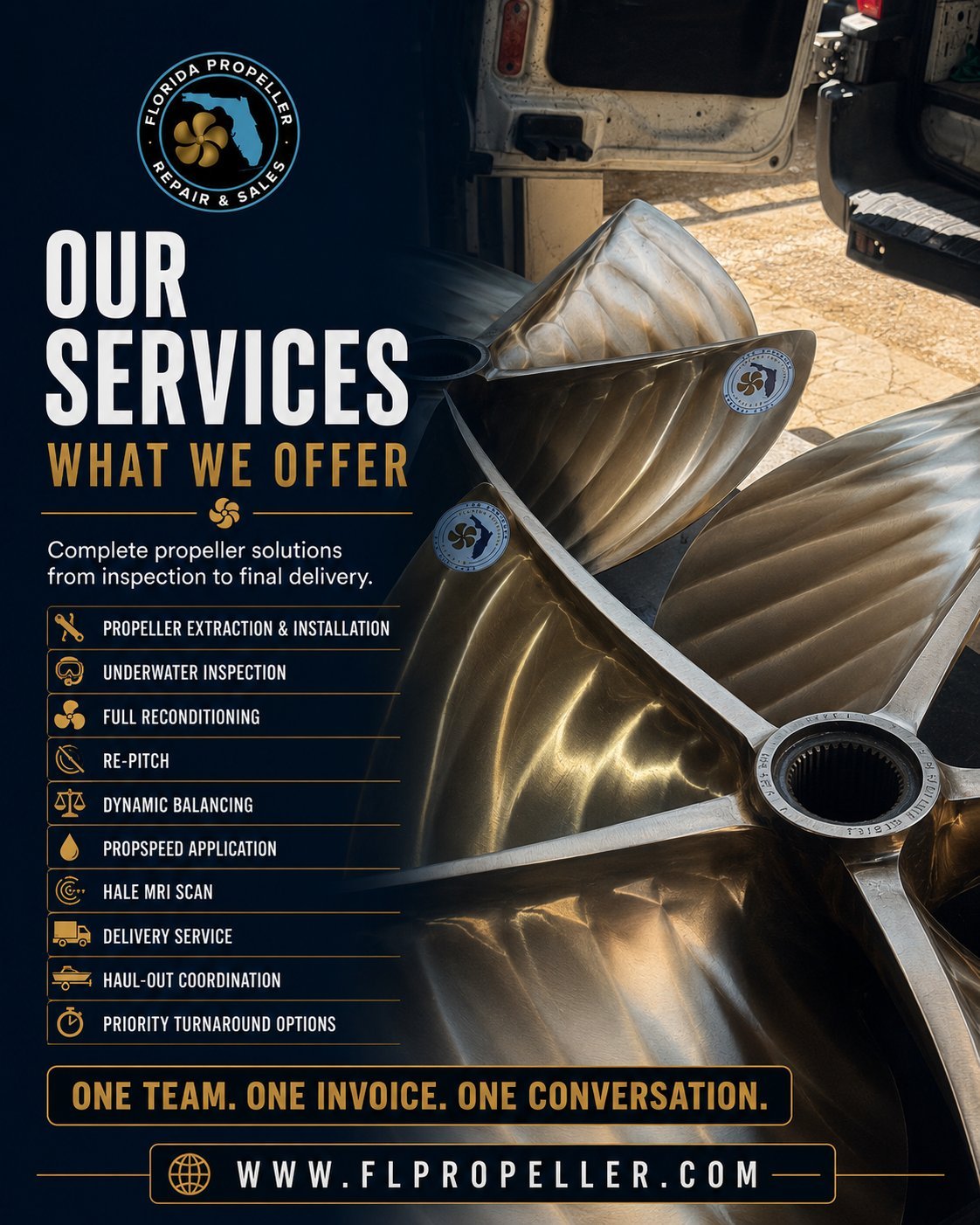 Florida Propeller services flyer showing a large polished ship propeller with list of services including extraction, inspection, and reconditioning