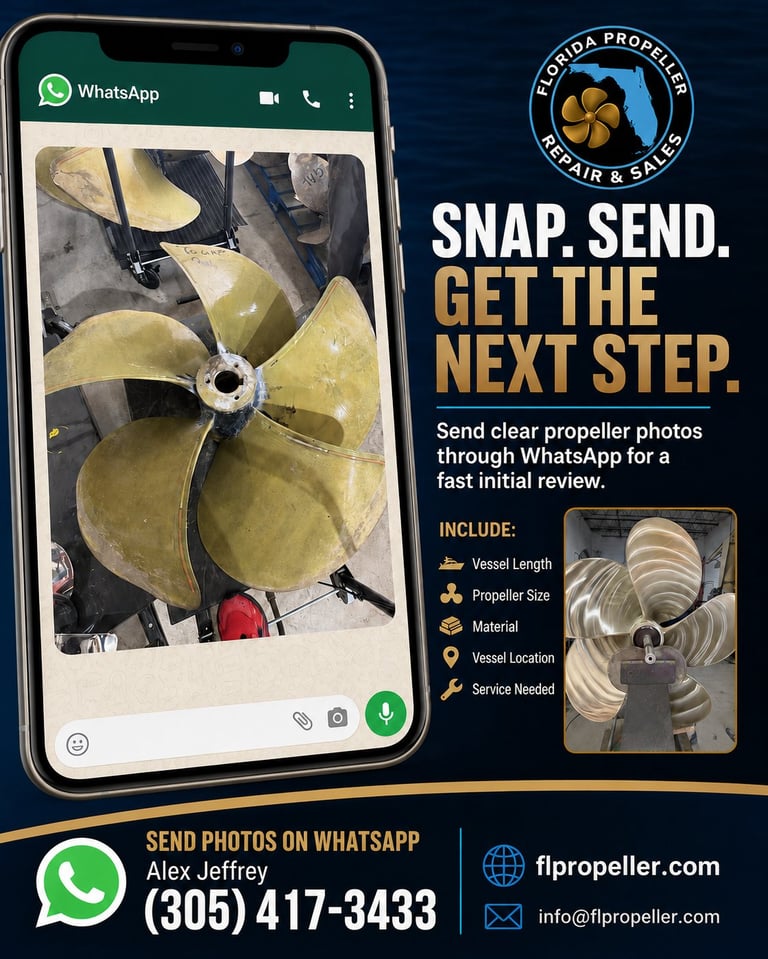 Flop Propeller marketing flyer showing WhatsApp interface with propeller photo and instructions for boat propeller repair service