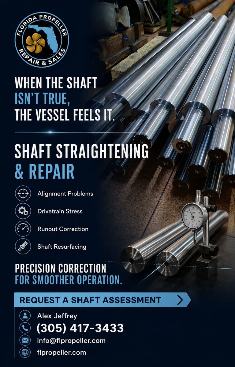 Florida Propeller shaft straightening and repair service advertisement showing metal propeller shafts with measurement tools and contact information.