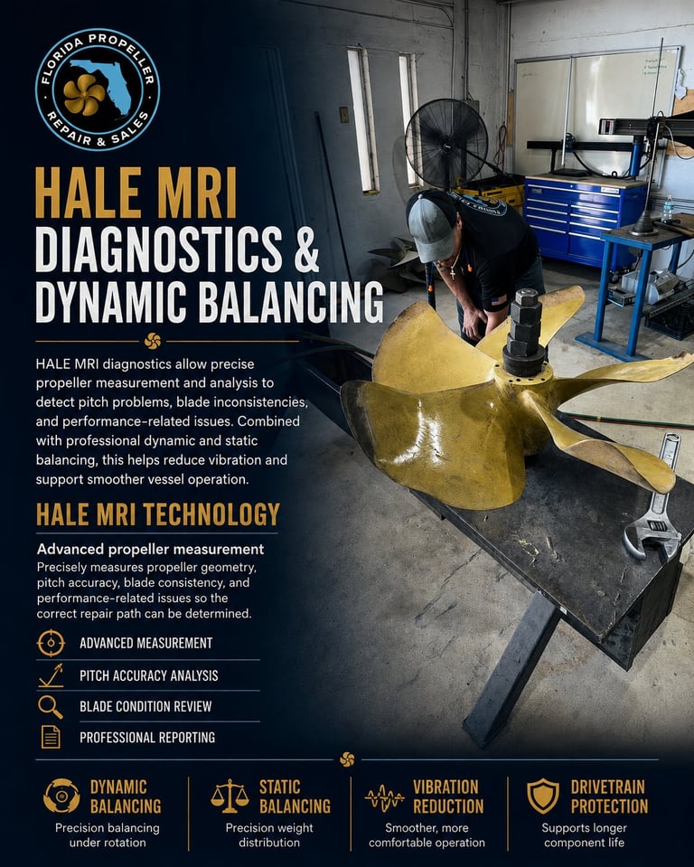 HALE MRI diagnostics and dynamic balancing service showing propeller on measurement platform in marine repair facility