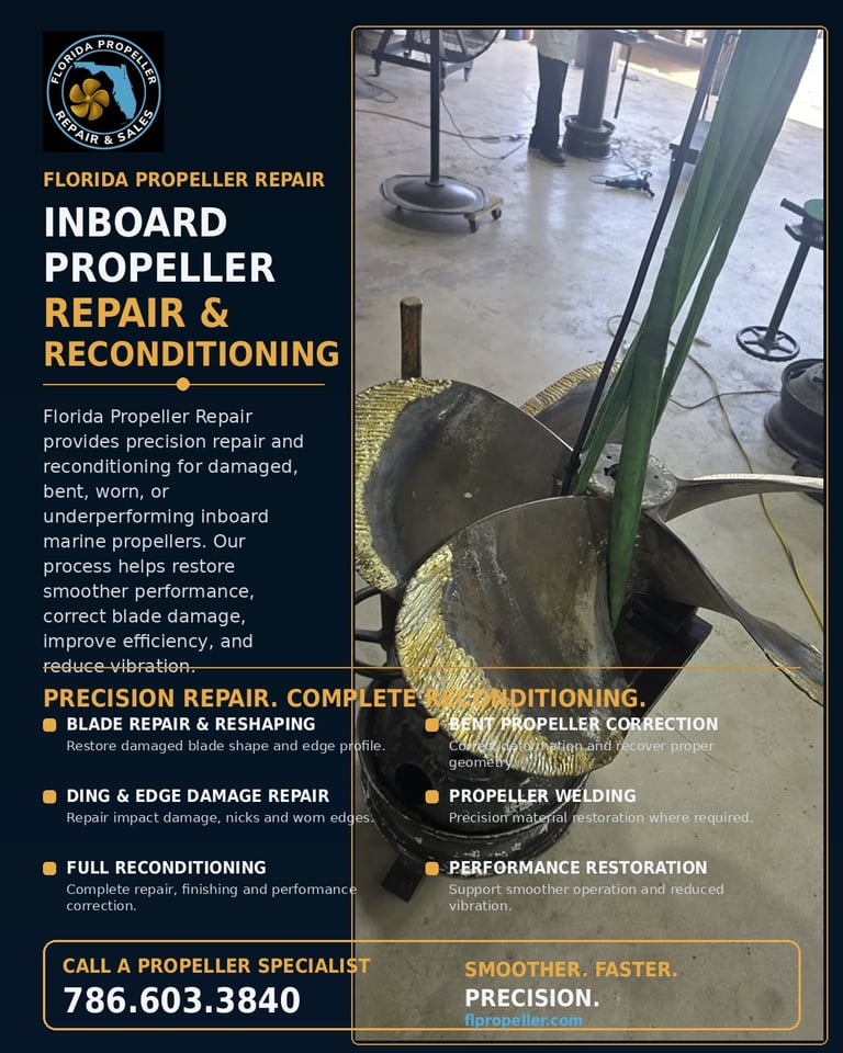 Florida Propeller Repair flyer for inboard propeller repair and reconditioning services with contact number 786.603.3840