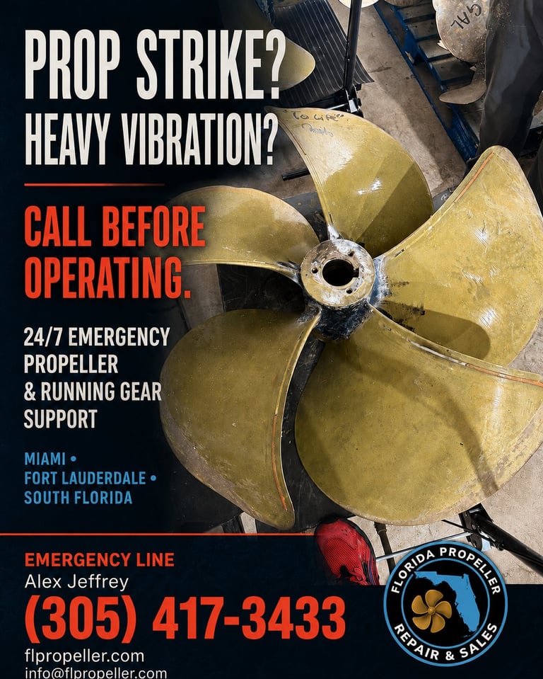 Yellow boat propeller with damage and text advertising emergency marine propeller repair services in Miami, Fort Lauderdale, and South Florida. Contact information and 24/7 support number provided.