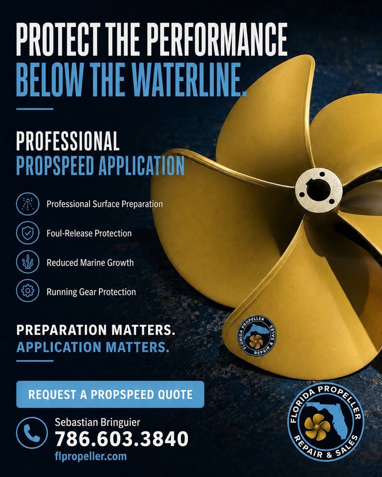 Professional propeller protection application advertisement featuring a gold propeller with key benefits listed and contact information for Florida Propeller services.