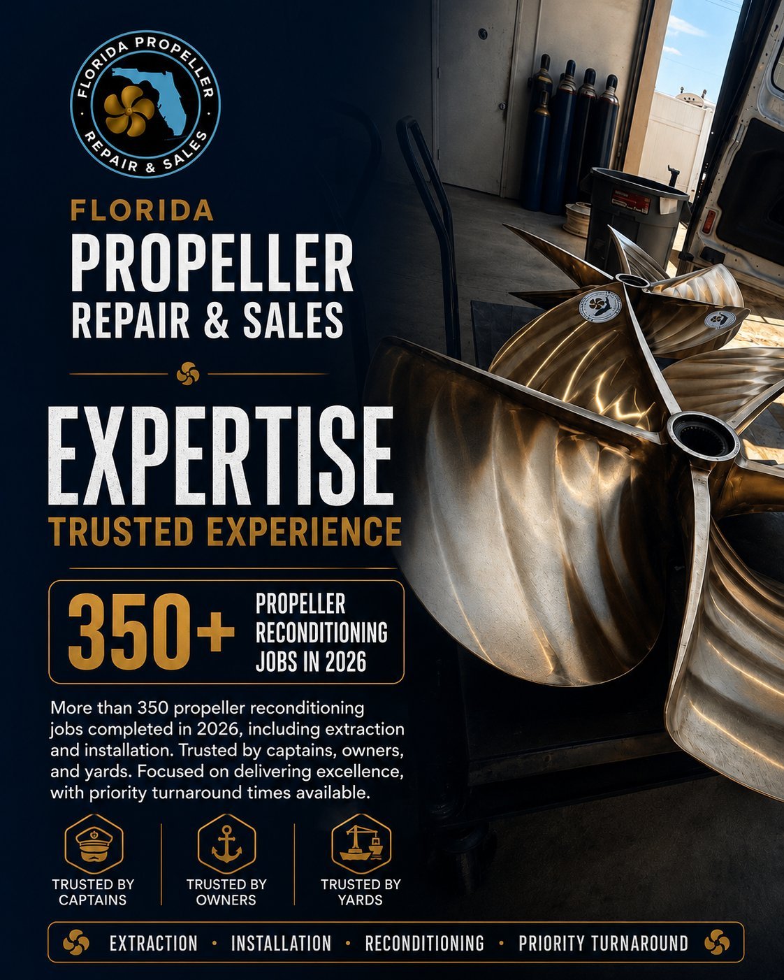 Florida Propeller Repair and Sales advertisement featuring a large marine propeller with text highlighting 350+ reconditioning jobs and expertise in extraction, installation, and maintenance.