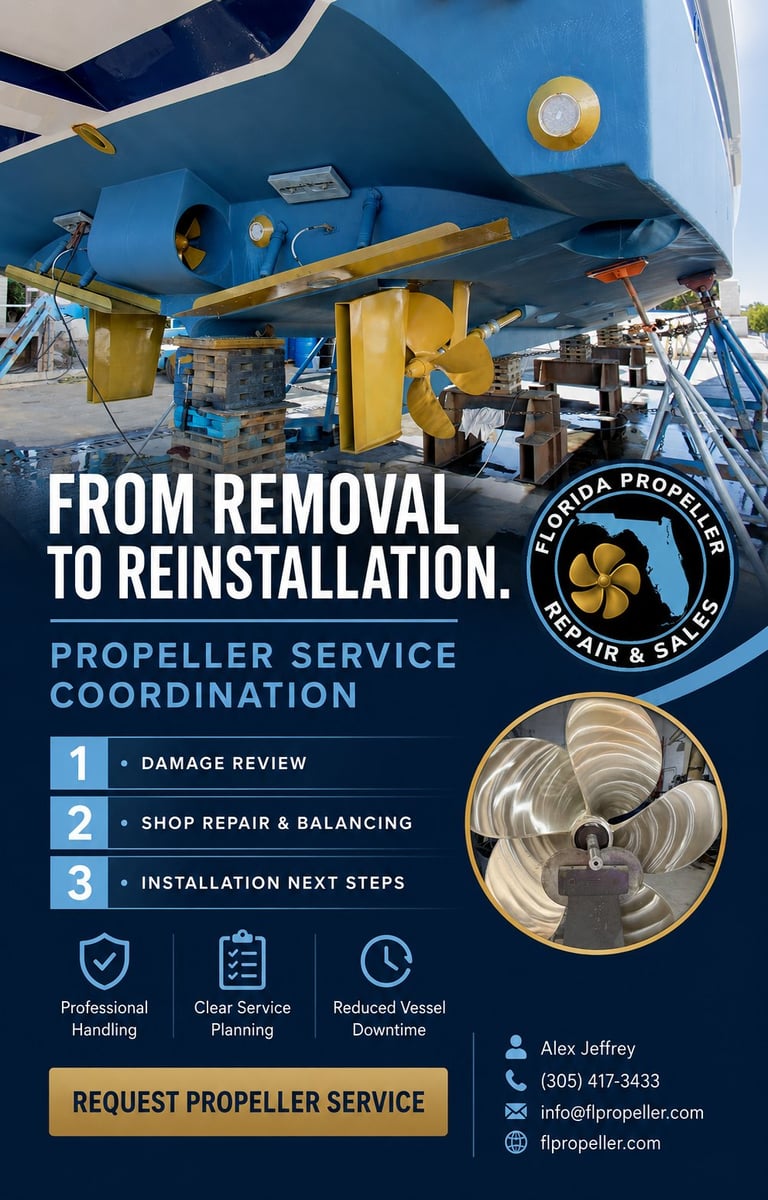 Propeller service coordination infographic showing removal to reinstallation process with contact information and service highlights