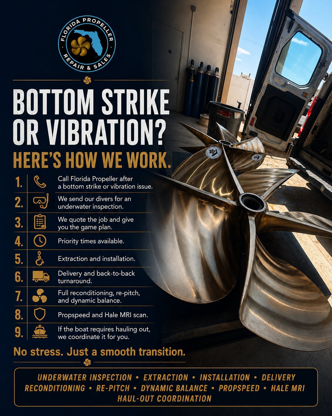 Florida Propeller infographic showing 9 steps for handling boat propeller bottom strike or vibration issues, featuring a large close-up of a propeller blade and company services.