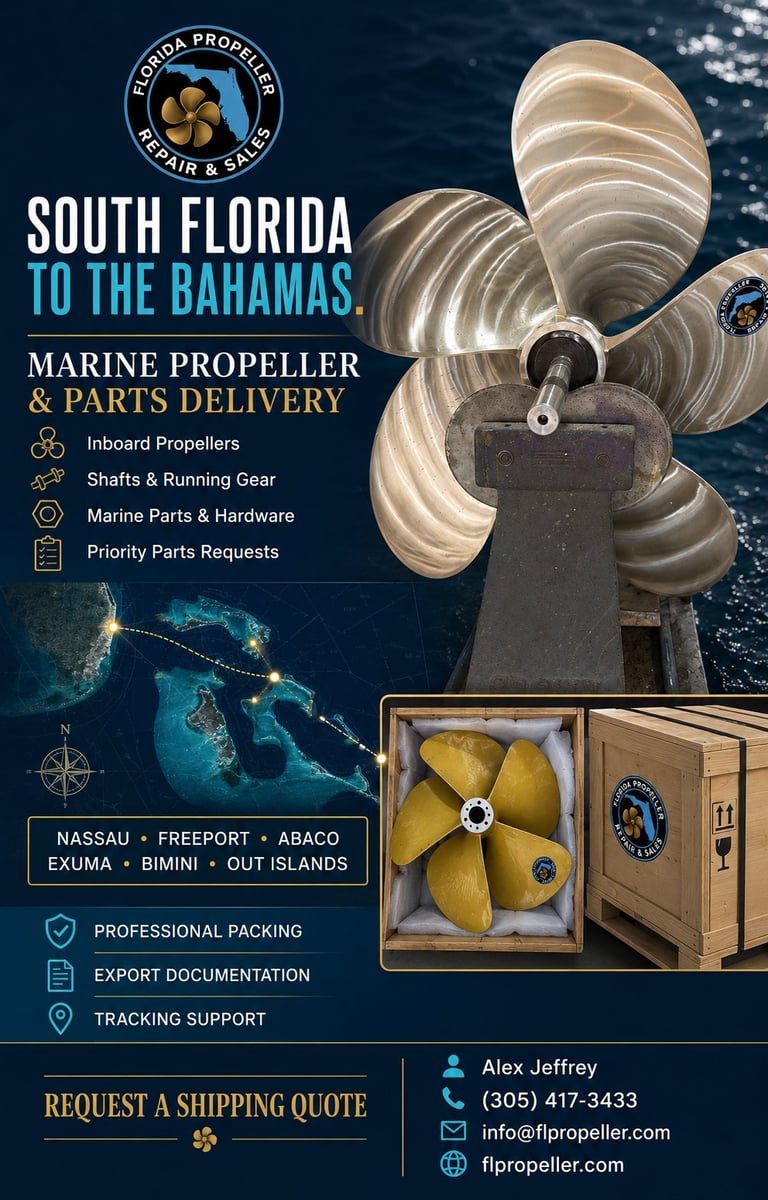 Florida Propeller marine propeller and parts delivery service advertisement showing metal propellers, service areas map, and contact information