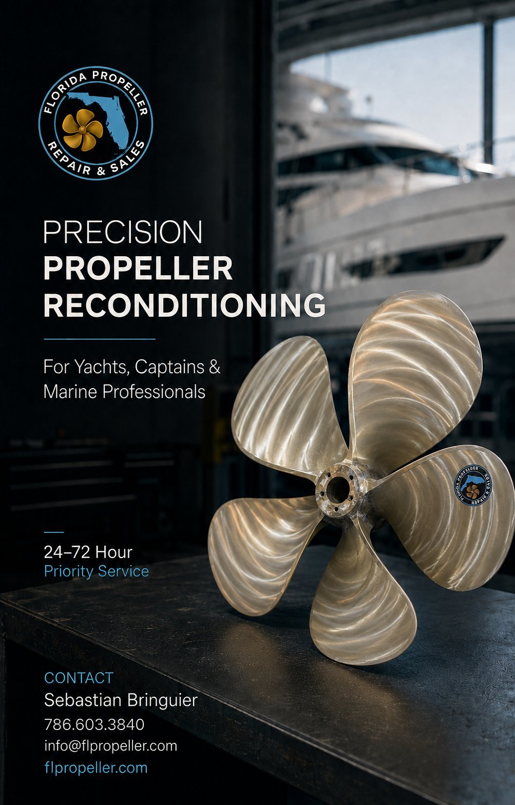 Polished metal boat propeller displayed indoors with yacht in background, advertising precision propeller reconditioning services
